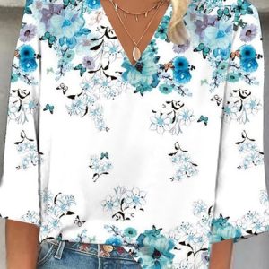 Women's Three Quarter Sleeve Tee T-shirt Spring/Fall Floral Printing V Neck Daily Going Out Vintage Top Blue, JustFashionNow Tops, color:Blue|size:XXL,