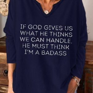 Funny text print notched neck long sleeve shirt, T-shirts, Lilicloth.com