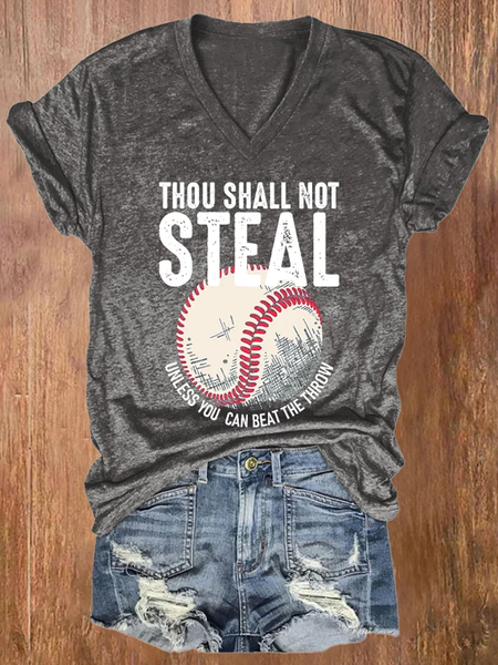 V-neck Retro Baseball Thou Shall Not Steal Unless You Can Beat The Throw Print Casual Text Letters V Neck T-Shirt, T-shirts, Lilicloth.com