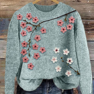 Cherry Blossom Crochet Art Cozy Knit Sweater, Sweaters, Lilicloth.com