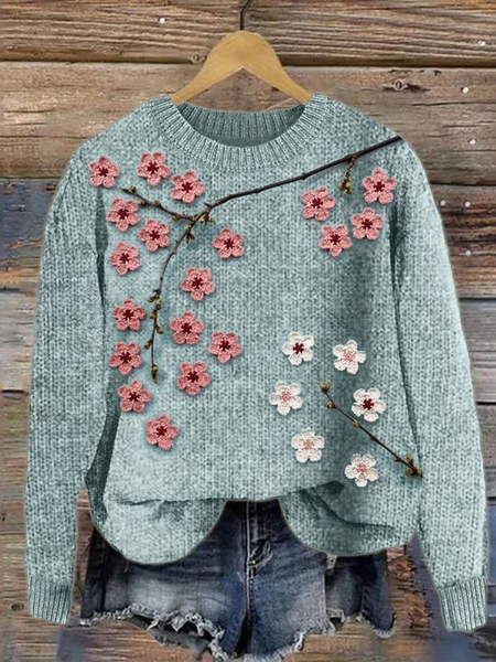 Cherry Blossom Crochet Art Cozy Knit Sweater, Sweaters, Lilicloth.com