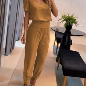 Puff Sleeve Top & High Waist Cuffed Pants Set, Two-piece Sets, ChicMe catalog