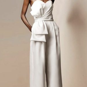 Women's Plain Strapless Sleeveless Urban Summer Nylon Jumpsuit, JustFashionNow Dresses, color:Off White|size:3XL,