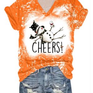 Women Cheers Christmas Drunk Snowman Print T-Shirt, T-shirts, Lilicloth.com