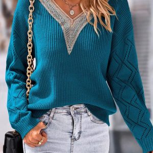 Women's Lace Spring/Fall Plain Casual Long Sleeve V Neck Yarn/Wool Yarn Sweater, JustFashionNow Sweaters, color:Blue|size:XXL,