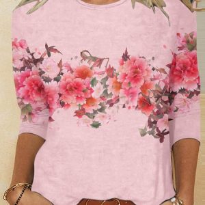 Women's Long Sleeve Tee T-shirt Spring/Fall Floral Printing Jersey Crew Neck Daily Going Out Vintage Top, JustFashionNow T-Shirts, color:Pink|size:XXL,