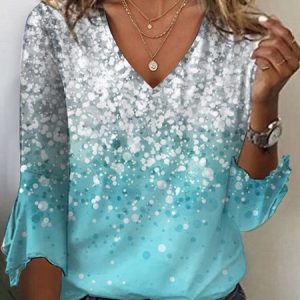 Women's Three Quarter Sleeve Tee T-shirt Spring/Fall Ombre Printing Jersey V Neck Holiday Going Out Vintage Top, JustFashionNow T-Shirts, color:Light Blue|size:XXL