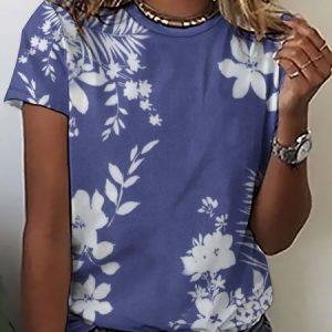 Vintage Casual Floral Print Crew Neck T-Shirt, T-shirts, Lilicloth.com