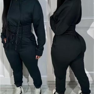 Shirred Pocket Design Crop Hoodie & High Waist Cuffed Sweatpants Set, Two-piece Sets, ChicMe catalog