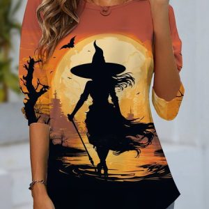 Women's Long Sleeve Tee T-shirt Spring/Fall Halloween Jersey Crew Neck Daily Going Out Casual Top, JustFashionNow T-Shirts, color:Pink|size:XXL