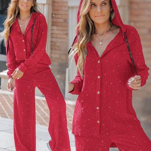 2 Piece Outfits Casual Glitter Long Sleeve Textured Button Down Shirt Pants Sets Streetwear Loungewear, women Two-piece Sets, ChicMe catalog
