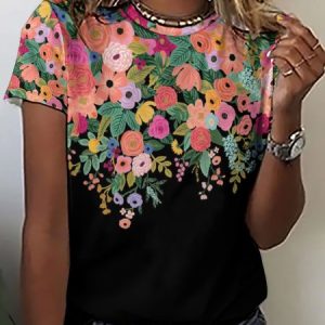 Casual Vintage Floral Print Crew Neck T-Shirt, T-shirts, Lilicloth.com