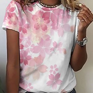 Casual Simple Sakura Print Crew Neck T-Shirt, T-shirts, Lilicloth.com