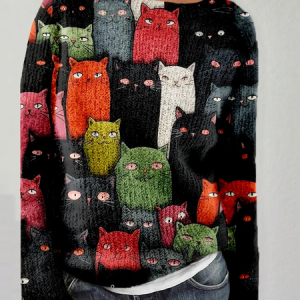 Cute Cats Graphic Round Neck Cozy Knitted Sweater, Sweaters, Lilicloth.com