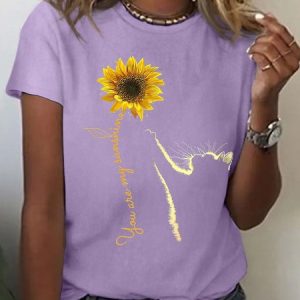 Women Sunflower and Cat You Are My Sunshine Cotton Simple Crew Neck T-Shirt, T-shirts, Lilicloth.com