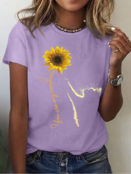 Women Sunflower and Cat You Are My Sunshine Cotton Simple Crew Neck T-Shirt, T-shirts, Lilicloth.com