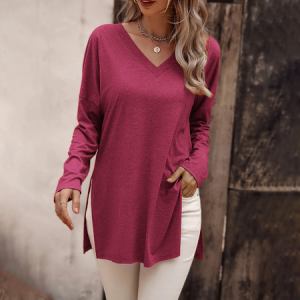 Women's Long Sleeve Tee T-shirt Spring/Fall Plain V Neck Daily Going Out Casual Top, JustFashionNow T-Shirts, color:Deep Pink|size:XL,
