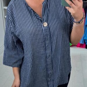 Women's Half Sleeve Blouse Summer Striped Cotton And Linen V Neck Daily Going Out Casual Top, JustFashionNow Tops, color:Deep Blue|size:5XL,