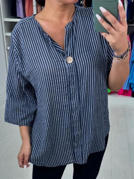 Women's Half Sleeve Blouse Summer Striped Cotton And Linen V Neck Daily Going Out Casual Top, JustFashionNow Tops, color:Deep Blue|size:5XL,