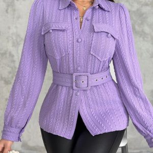 Textured Buttoned Flap Detail Puff Sleeve Top With Waistbelt, Blouses & Shirts, ChicMe catalog