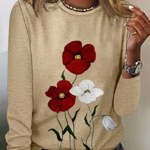 Crew Neck Floral Casual Loose T-Shirt, Long sleeves, Lilicloth.com