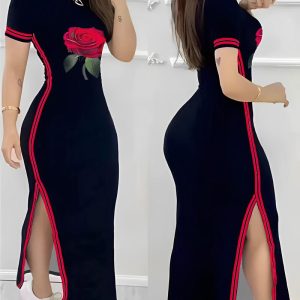 Striped Rose Print Side Slit Casual Dress, women Casual Dresses, ChicMe catalog