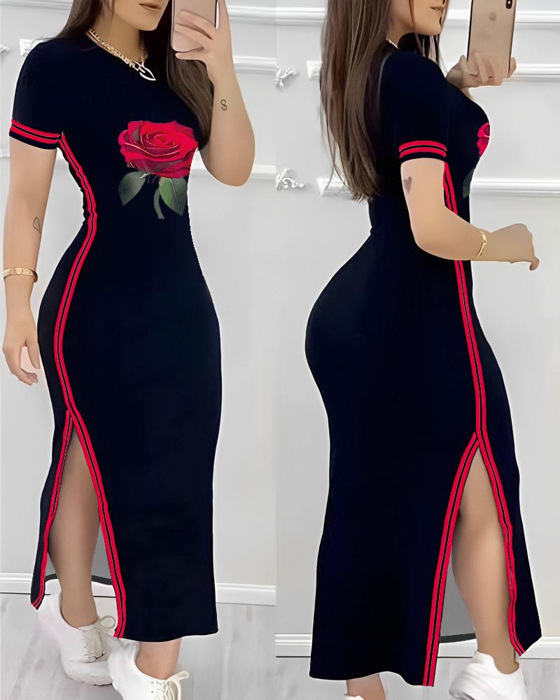 Striped Rose Print Side Slit Casual Dress, women Casual Dresses, ChicMe catalog
