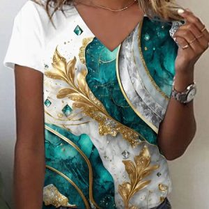 Women's Short Sleeve Tee T-shirt Summer Abstract Jersey V Neck Daily Going Out Casual Top Green, JustFashionNow T-Shirts, color:Green|size:XXL,