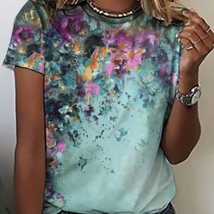Women Large Format Flowers Pattern Loose Casual Cotton-Blend T-Shirt, T-shirts, Lilicloth.com