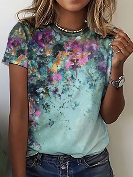Women Large Format Flowers Pattern Loose Casual Cotton-Blend T-Shirt, T-shirts, Lilicloth.com