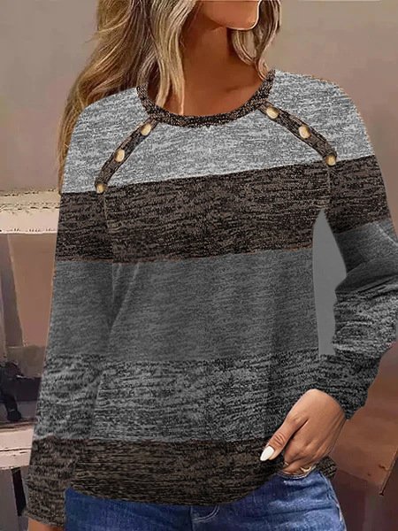 Women's Long Sleeve Tee T-shirt Spring/Fall Color Block Buckle Knitted Crew Neck Daily Going Out Casual Top, JustFashionNow T-Shirts, color:Gray|size:XXL,