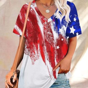 American Flag Gradient Print V-Neck Short Sleeve T-Shirt, T-shirts, Lilicloth.com