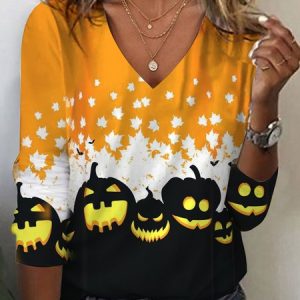 Women's Long Sleeve Tee T-shirt Spring/Fall Halloween Jersey V Neck Daily Going Out Casual Top, JustFashionNow T-Shirts, color:Orange|size:XXL,