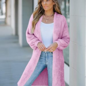 Fluffy Cardigan Open Front Long Sleeve Knit Longline Sweater, women Sweaters & Cardigans, ChicMe catalog