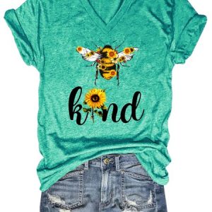 Funny Bee Kind Sunflower Print V-neck T-shirt, T-shirts, Lilicloth.com