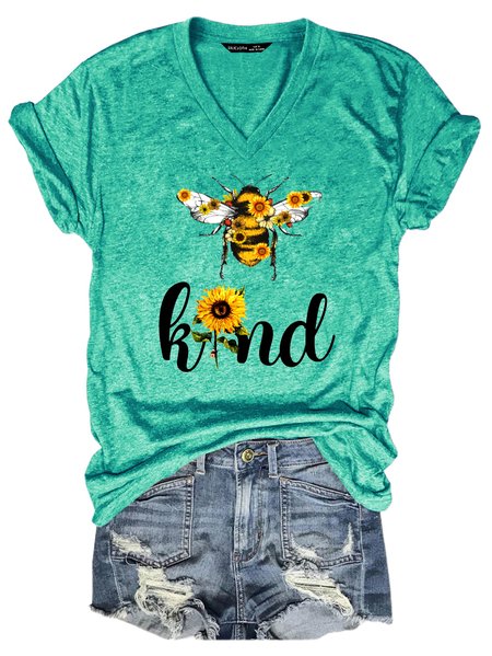 Funny Bee Kind Sunflower Print V-neck T-shirt, T-shirts, Lilicloth.com