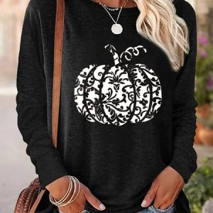 Women's Long Sleeve Tee T-shirt Spring/Fall Pumpkin Pattern Cotton-Blend Crew Neck Daily Going Out Casual Top Blue, JustFashionNow Long sleeve tops, color:Black|size:3XL,