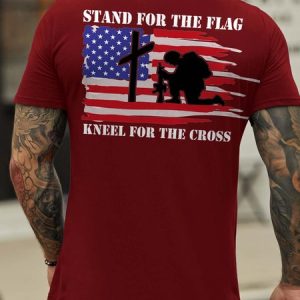 Stand For The Flag Kneel For The Cross Back Print Short Sleeve Cotton Blends Crew Neck T-shirt, T-shirts, Lilicloth.com