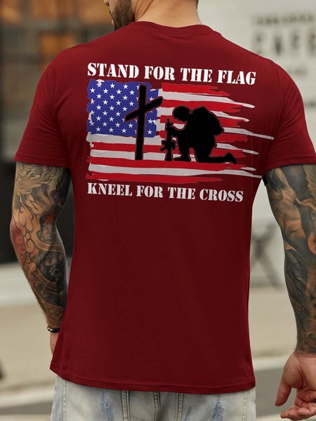 Stand For The Flag Kneel For The Cross Back Print Short Sleeve Cotton Blends Crew Neck T-shirt, T-shirts, Lilicloth.com