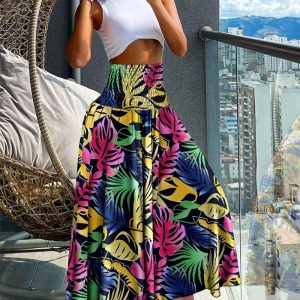 Tropical Leaf Print Shirred Wide Leg Pants, Pants, ChicMe catalog