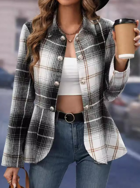 Women's Spring/Fall Outerwear Casual Buckle Plaid Long Sleeve Shirt Collar Jacket, JustFashionNow Jackets, color:Gray|size:XL,