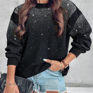 Crewneck Rhinestone Decor Sweatshirts Loose Long Sleeve Pullover Tops, women Sweats & Hoodies, ChicMe catalog