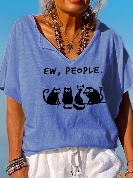 Cat Print Cute Short Sleeve T-Shirt, T-shirts, Lilicloth.com