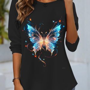 Women's Long Sleeve T-shirt Spring/Fall Black Butterfly Jersey Crew Neck Daily Going Out Casual Top, Long sleeves, Lilicloth.com