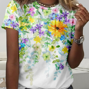 Regular Fit Casual Crew Neck Floral T-Shirt, T-shirts, Lilicloth.com