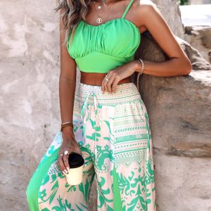 Shirred Crop Cami Top & Colorblock Tribal Print Pants Set, Two-piece Sets, ChicMe catalog