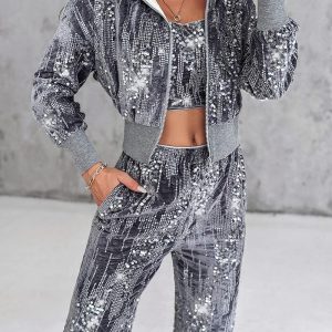 3PCS Velvet Contrast Sequin Bandeau Top & Pocket Design Pants Set With Hooded Sweatshirt, Two-piece Sets, ChicMe catalog