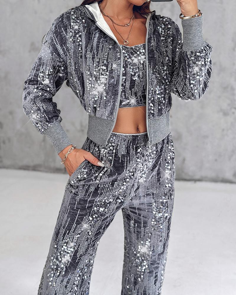 3PCS Velvet Contrast Sequin Bandeau Top & Pocket Design Pants Set With Hooded Sweatshirt, Two-piece Sets, ChicMe catalog