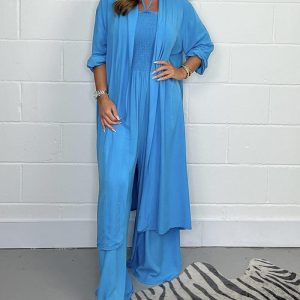 Shirred Halter Wide Leg Jumpsuit & Longline Open Front Coat, Two-piece Sets, ChicMe catalog