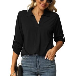 Women's Long Sleeve Blouse Spring/Fall Plain Shirt Collar Daily Going Out Casual Top, JustFashionNow Shirts & Blouses, color:Black|size:XXL,